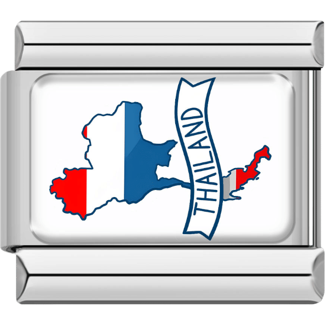 Rectangular Italian charm with a silver border showing the map of Thailand in blue, white and red flag stripes with a vertical “Thailand” banner overlapping the map outline.